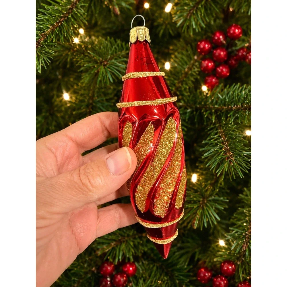 Pier 1 Imports Red Gold Glitter Swirl Glass Drop Christmas Ornaments Set of 2